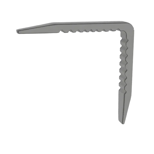 A 3D render of a gray L-shaped bracket with a serrated inner edge against a black background.