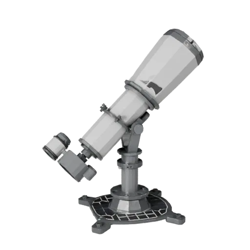 Observatory Star Tracker Low Poly 3D model, game viewport three-quarter view, showing metal tubes, optical alignment.