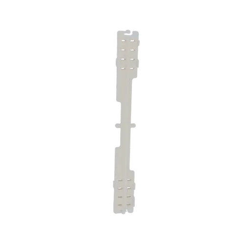 3D model of a white plastic connector bracket with multiple pin slots, viewed from the front.