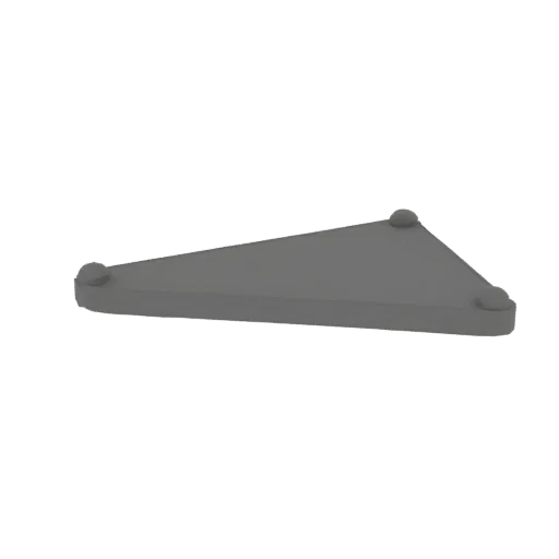 3D model of a gray triangular plate with three round legs, side view.