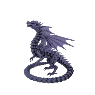 Ein 3D-Rendering eines violetten Steampunk-Drachen mit sichtbaren mechanischen Gelenken und beweglichen Flügeln, posiert auf