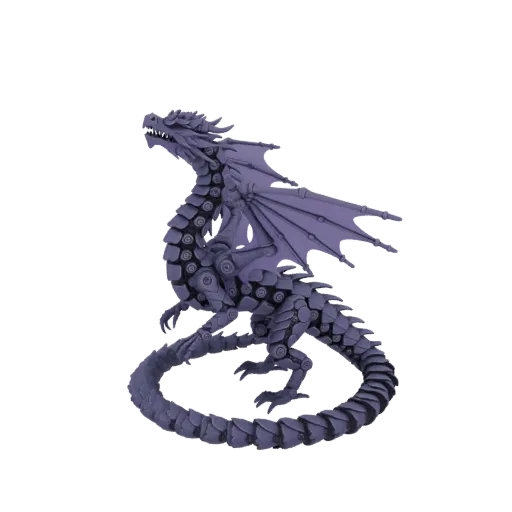 A 3D render of a purple steampunk dragon with visible mechanical joints and articulated wings, posed on a white background.