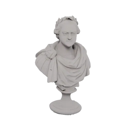 3D model render of a classical bust of a man wearing a laurel wreath, with a stern expression and draped shoulders, on a pede