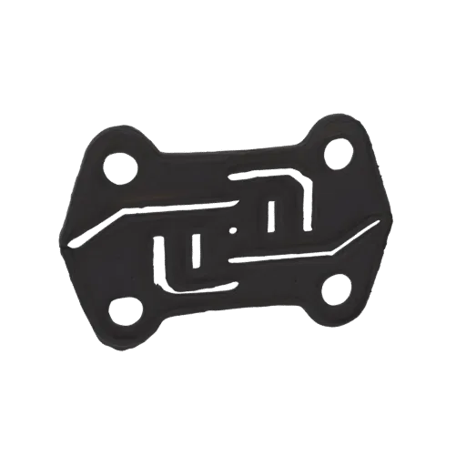 3D render of a black abstract geometric gasket with four mounting holes and intricate internal lines.
