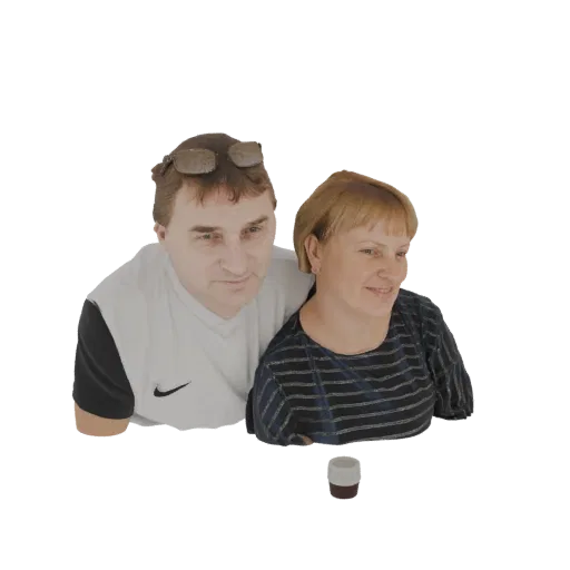 3D model of a man and woman posing together, the man has sunglasses on his head, and a small container is in the foreground.