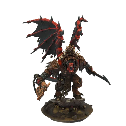 3D model of Angron, Daemon Primarch of the World Eaters, with large red and black wings, wearing ornate armor, and holding we