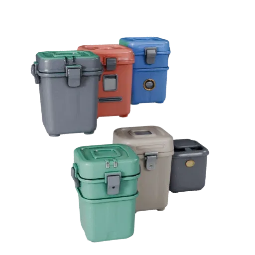 Sealed Toolbox 3D model, three-quarter front view, Unity viewport, showing plastic, usable openings.