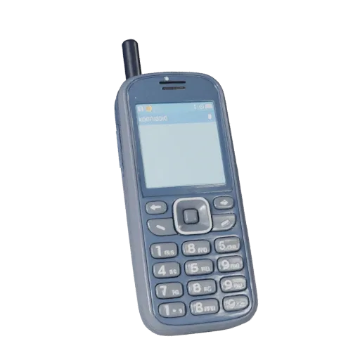 Compact Retro Mobile Phone Realistic 3D model, three-quarter studio render, showing glass screens, form detail.