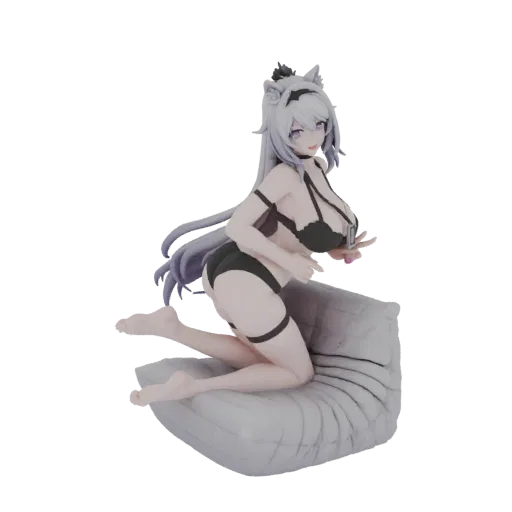 3D model of an anime girl with purple hair wearing black lingerie, kneeling on a grey pillow with a playful expression.