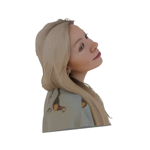 3D model of a woman with blonde hair, looking upwards with a thoughtful expression, against a black background.