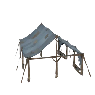3D model of a tattered blue canvas shelter with a rustic wooden frame, showing signs of wear and tear.