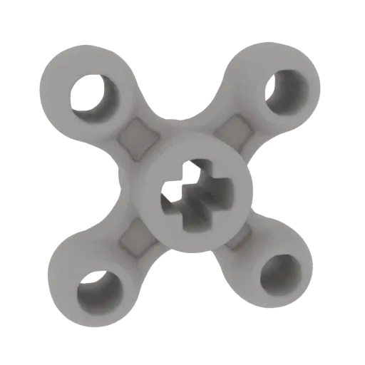 3D render of a gray, cross-shaped connector hub with a central star opening and four circular connection points.