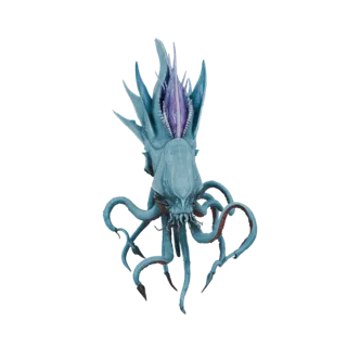 Modello 3D di un terrificante mostro acquatico eldritch con fauci viola luminose e numerosi tentacoli blu, su sfondo bianco.