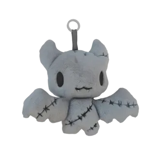 Modèle 3D de peluche chauve-souris grise cousue avec de grands yeux noirs et une boucle de suspension.