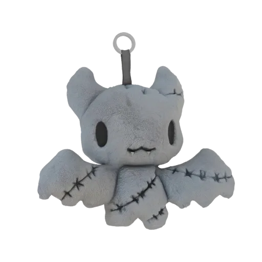 3D model of a grey, stitched bat plush toy with large black eyes and a hanging loop.