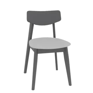 A 3D model of a modern grey dining chair with a curved backrest and four tapered legs, presented on a black background.
