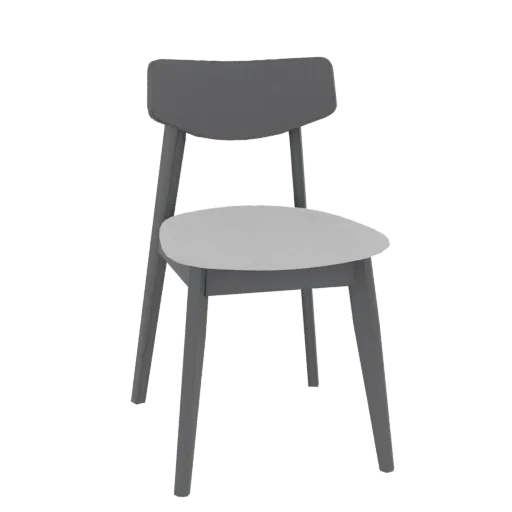 A 3D model of a modern grey dining chair with a curved backrest and four tapered legs, presented on a black background.