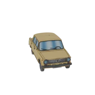 Ein 3D-Modell einer beigefarbenen sowjetischen Limousine der 1980er Jahre, aus einem leicht erhöhten vorderen linken Winkel b