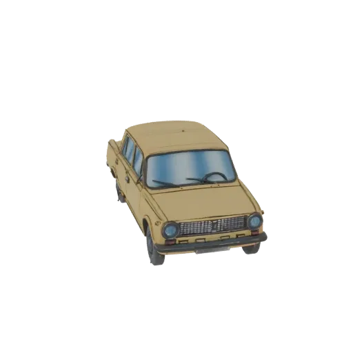 Un modelo 3D de un sedán soviético color tostado de los años 80, visto desde un ángulo frontal izquierdo ligeramente elevado.