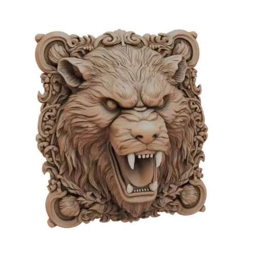 3D model of a fierce bear head in bas-relief, with ornate scrollwork surrounding it, rendered in a neutral, sandy brown mater