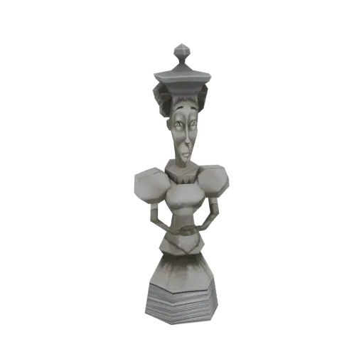 A 3D render of a stylized stone queen chess piece with exaggerated features and a puffed-sleeve dress, set against a white ba