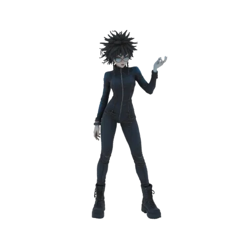 3D model of a cyberpunk woman with spiky black hair, round glasses, and a black jumpsuit, standing in a confident pose.
