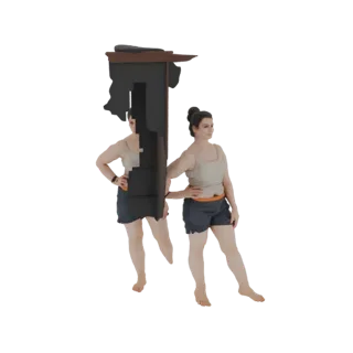 Renderização 3D de uma mulher dividida ao meio, com uma metade se fundindo em um fragmento de móvel abstrato marrom escuro.