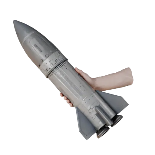 Rocket Realistic 3D model, three-quarter studio render, showing emissive strips, strong prop silhouette.