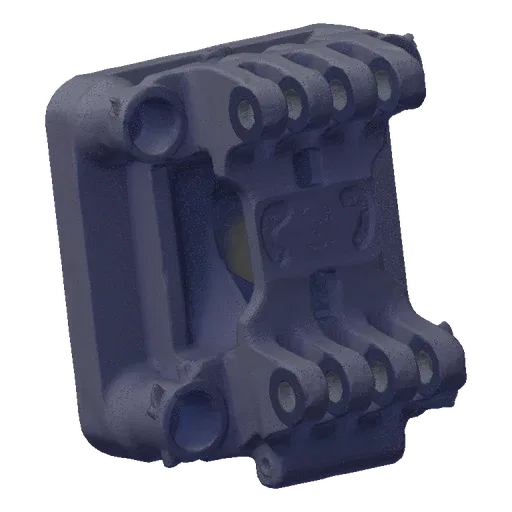3D model of a gray industrial brake caliper with visible mounting holes and internal structure, set against a black backgroun