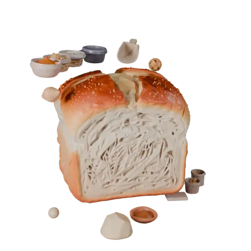 Bread Loaf 3D model, three-quarter front view, AR viewer studio render, showing powders, small ingredient shapes.