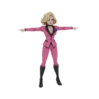 3D-Modell einer stilvollen Frau mit blonden Haaren, die einen pinken Anzug und schwarze Stiefel trägt, in T-Pose.