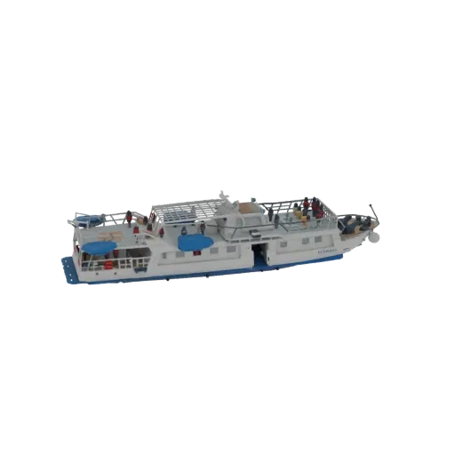 3D model of a white passenger ferry boat with blue accents, featuring multiple decks and windows.