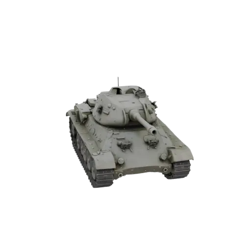 Modelo 3D del tanque medio soviético T-34, vista frontal y lateral, sobre fondo blanco