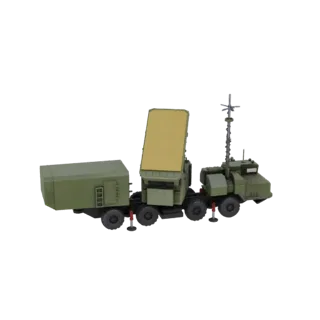 3D model of a green mobile radar system with a large yellow radar dish and a separate trailer unit, set against a black backg