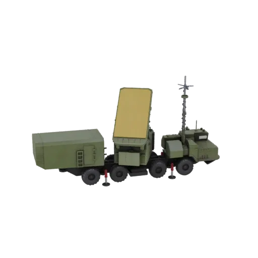 3D model of a green mobile radar system with a large yellow radar dish and a separate trailer unit, set against a black backg