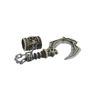 3D model of a gothic flail weapon with skull motifs and a chain, rendered on a white background.