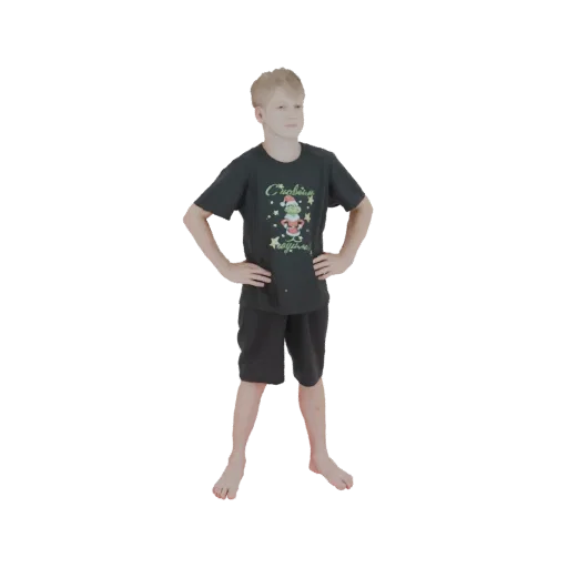 Modello 3D di un giovane ragazzo con capelli biondi, che indossa una maglietta grafica scura e pantaloncini neri, in piedi co
