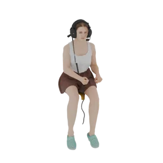 Modelo 3D de jovem mulher usando fones de ouvido de aviador, regata branca e saia marrom, sentada com expressão focada.