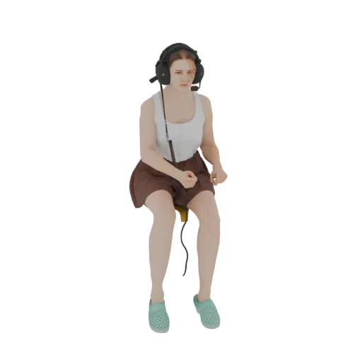 Modelo 3D de jovem mulher usando fones de ouvido de aviador, regata branca e saia marrom, sentada com expressão focada.