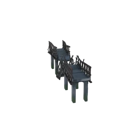 3D model of a weathered wooden pier with stairs and pilings, rendered against a black background.