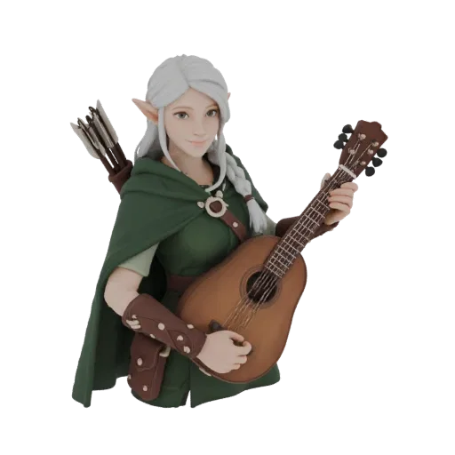 3D model of an elf bard with long blonde hair, wearing a green cloak, holding a lute, and with a quiver on her back.