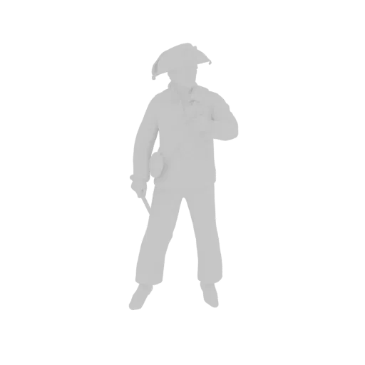 Render de modelo 3D de um oficial militar do século XVIII usando chapéu tricórnio e uniforme, segurando uma espada.
