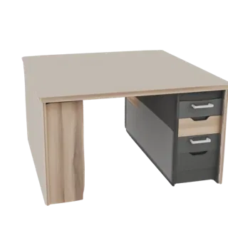 3D model of a modern desk with a light wood side and a dark gray drawer unit, featuring a spacious tabletop.