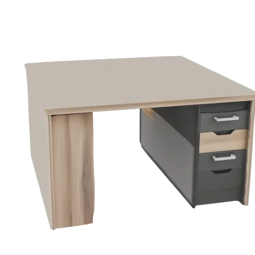 3D model of a modern desk with a light wood side and a dark gray drawer unit, featuring a spacious tabletop.
