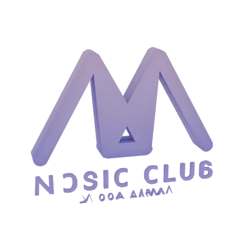 عرض ثلاثي الأبعاد لشعار 'M' بنفسجي مع نص 'MUSIC CLUB' أسفله، على خلفية بيضاء.