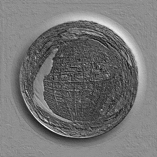 3D model of Earth planet bas-relief with a grid of meridians and parallels, rendered in monochrome.