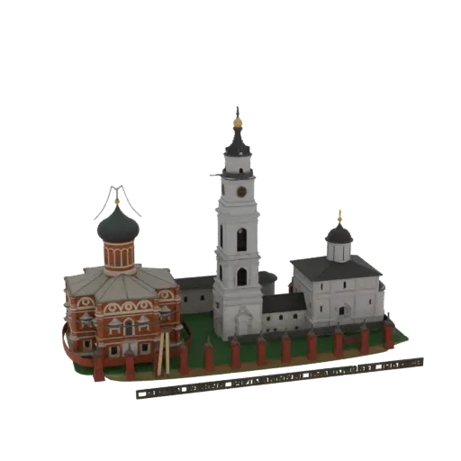 Modèle 3D d'un complexe monastique orthodoxe avec un grand clocher blanc, une église en briques rouges et un mur environnant.