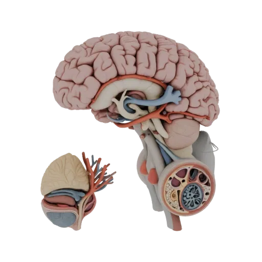 Vascular Brain Education 3D model, three-quarter training render, showing soft tissue colors, organ silhouette.