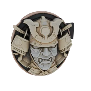 3D model of a Samurai mask belt buckle with a fierce expression and ornate helmet details, rendered in a weathered antique st