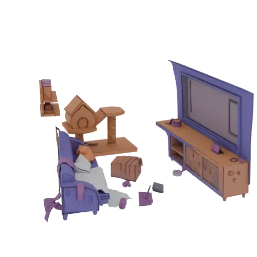 3D model of a cozy living room scene with a purple sofa, cat tree, TV stand, and various home accessories, rendered against a